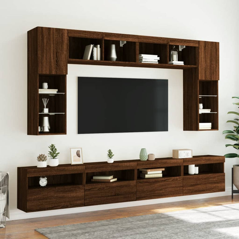 8-delige Tv-wandmeubelset met LED-verlichting bruineikenkleurig