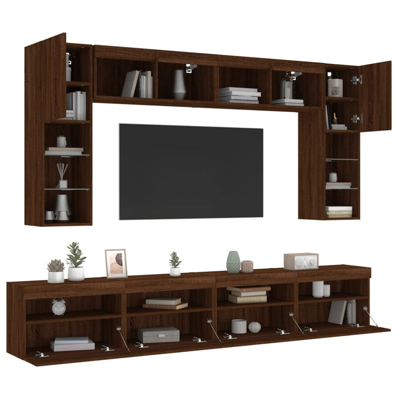 8-delige Tv-wandmeubelset met LED-verlichting bruineikenkleurig
