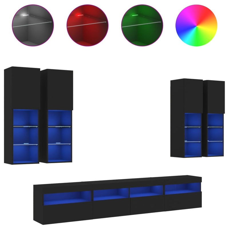 7-delige Tv-wandmeubelset met LED-verlichting zwart