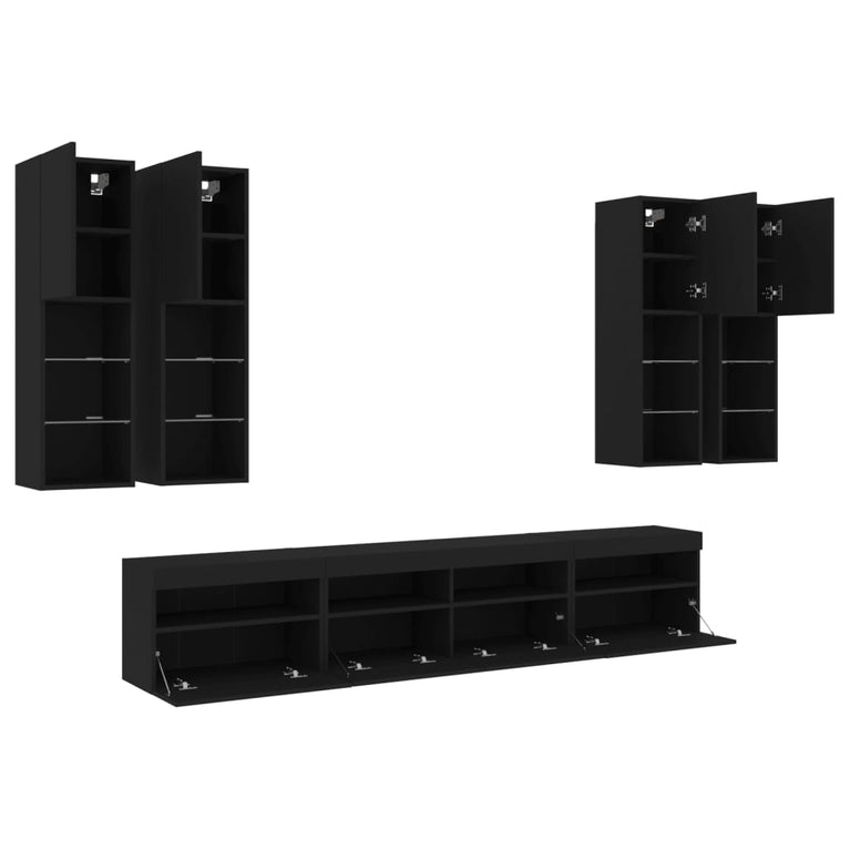 7-delige Tv-wandmeubelset met LED-verlichting zwart