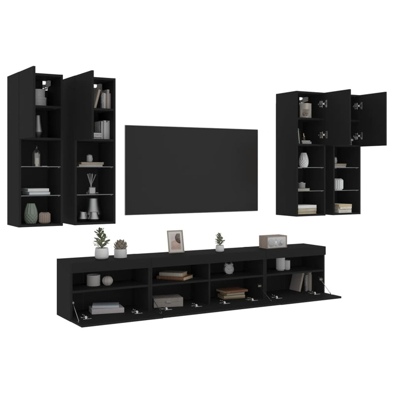 7-delige Tv-wandmeubelset met LED-verlichting zwart