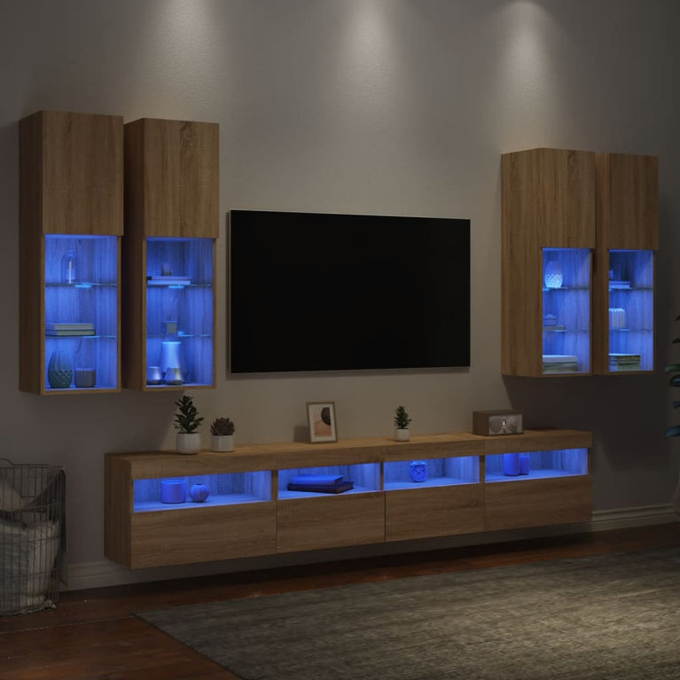 7-delige Tv-wandmeubelset met LED-verlichting sonoma eikenkleur
