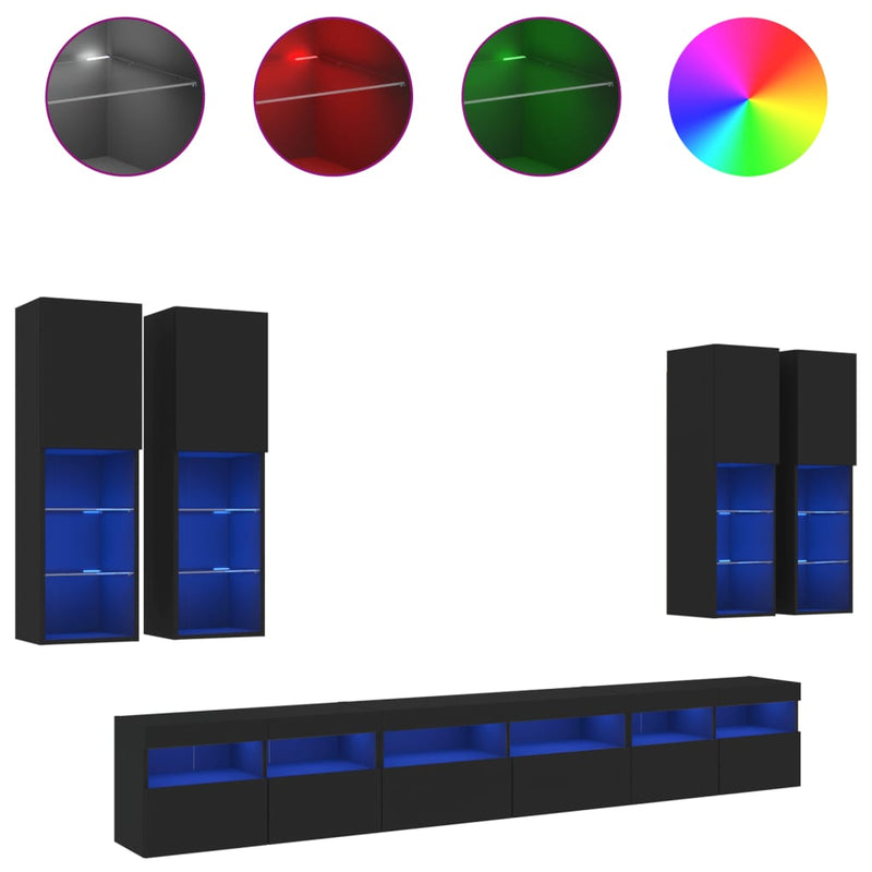 7-delige Tv-wandmeubelset met LED-verlichting zwart
