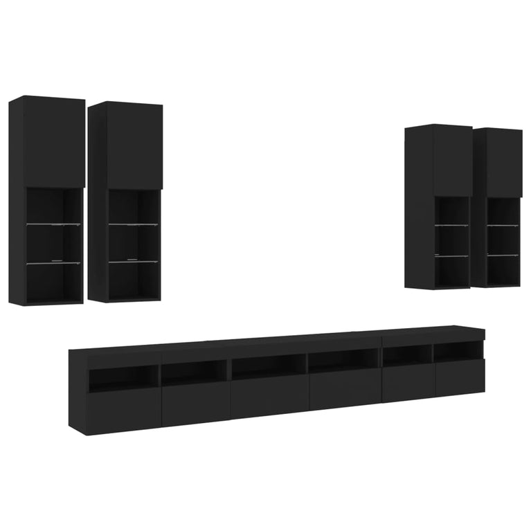 7-delige Tv-wandmeubelset met LED-verlichting zwart
