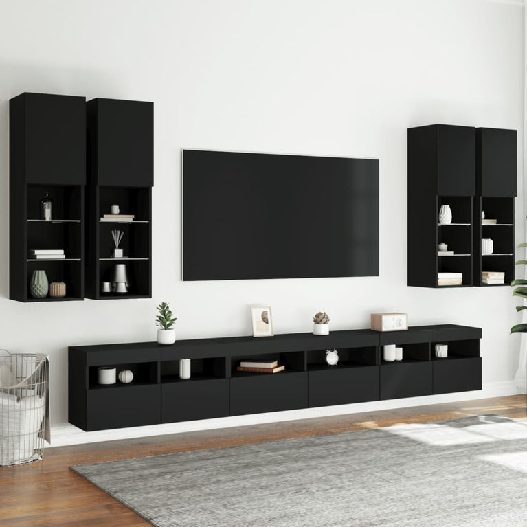 7-delige Tv-wandmeubelset met LED-verlichting zwart