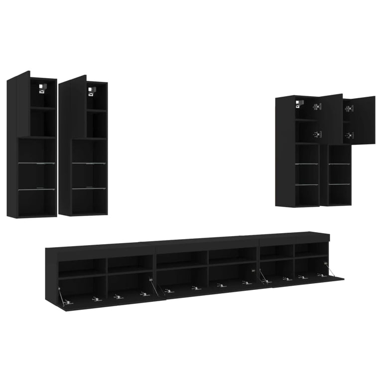 7-delige Tv-wandmeubelset met LED-verlichting zwart
