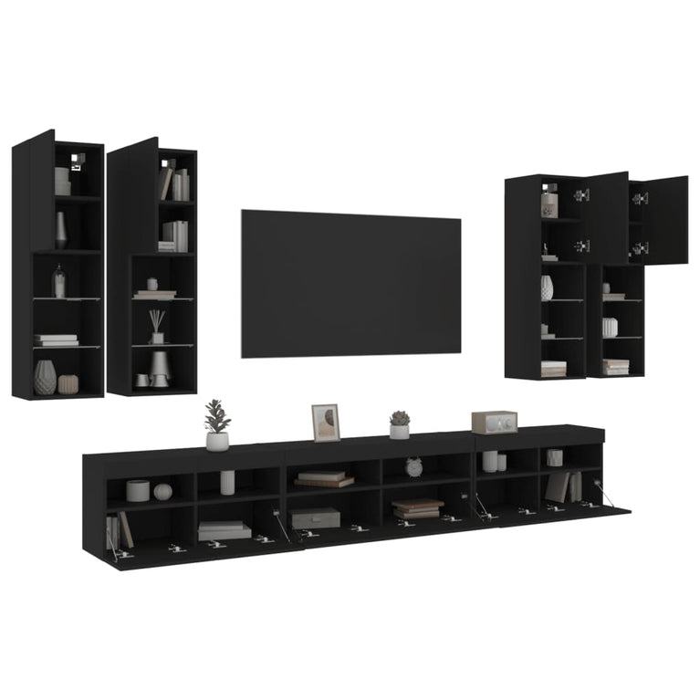7-delige Tv-wandmeubelset met LED-verlichting zwart