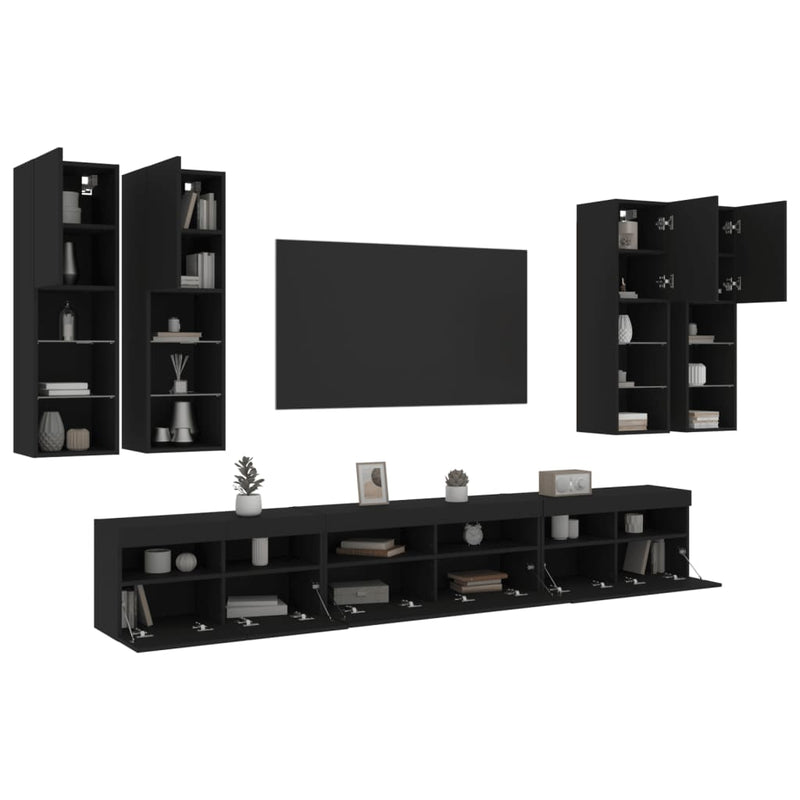 7-delige Tv-wandmeubelset met LED-verlichting zwart