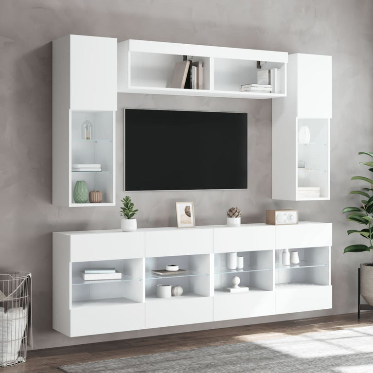 6-delige Tv-wandmeubelset met LED-verlichting wit