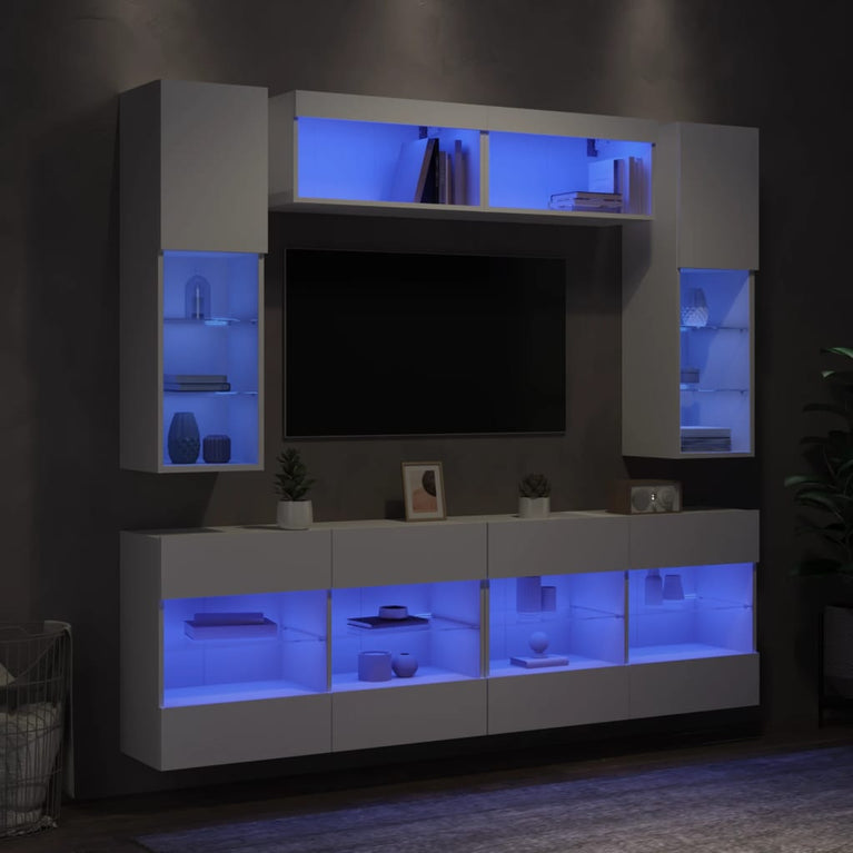 6-delige Tv-wandmeubelset met LED-verlichting wit