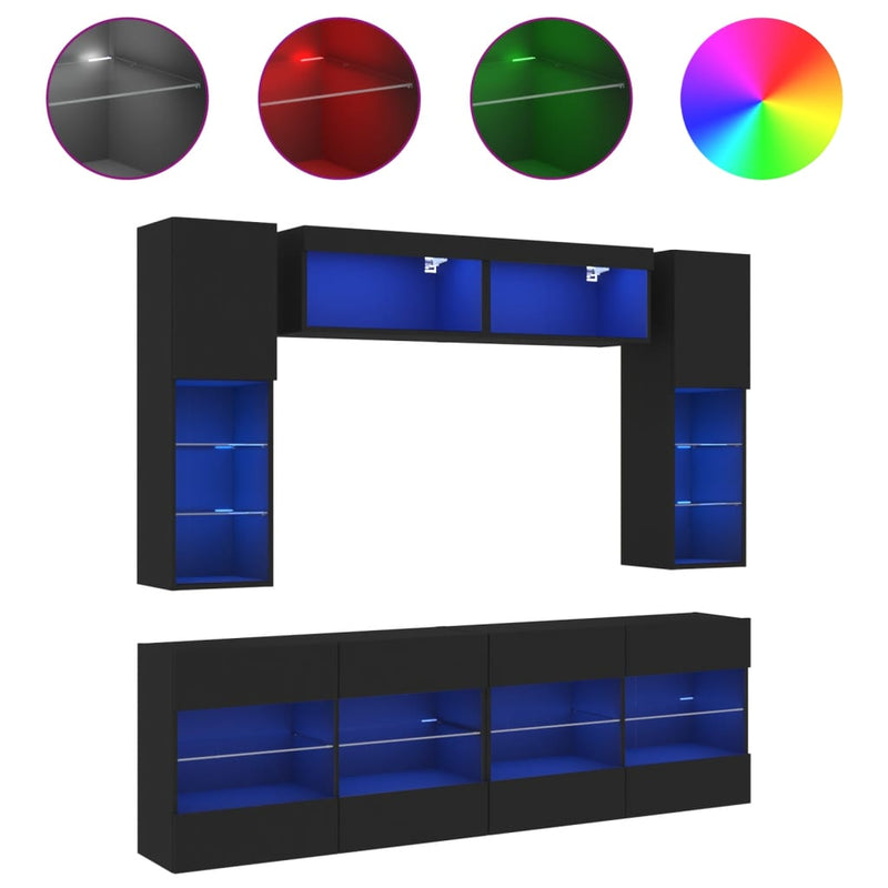 6-delige Tv-wandmeubelset met LED-verlichting zwart