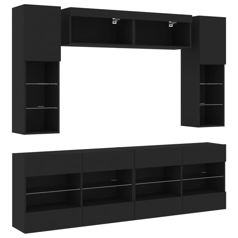 6-delige Tv-wandmeubelset met LED-verlichting zwart