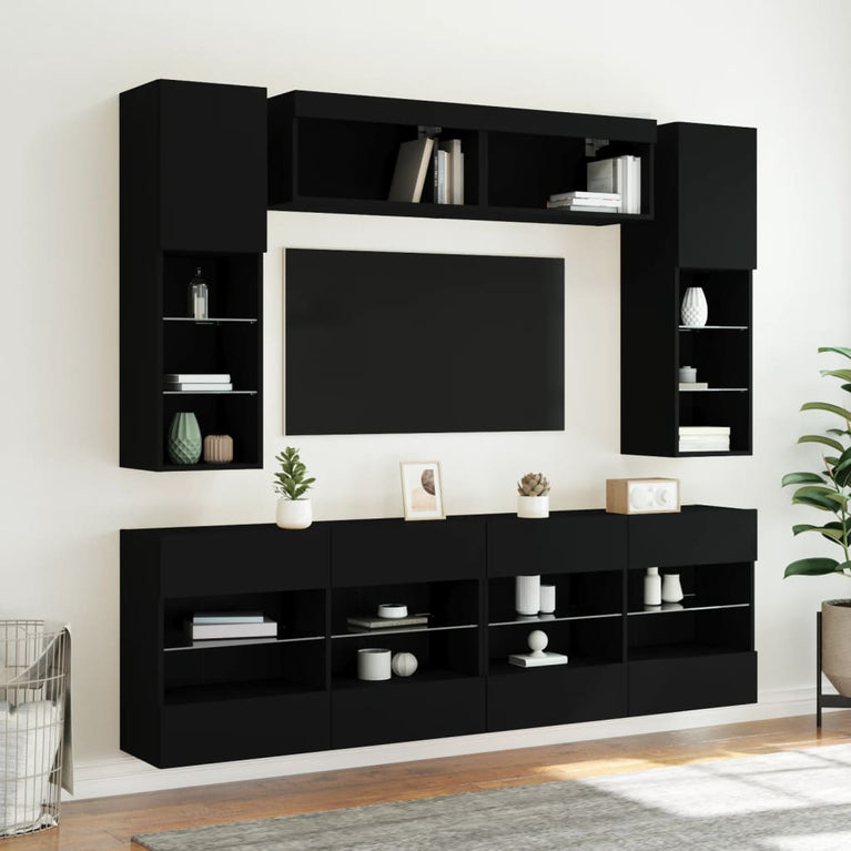 6-delige Tv-wandmeubelset met LED-verlichting zwart