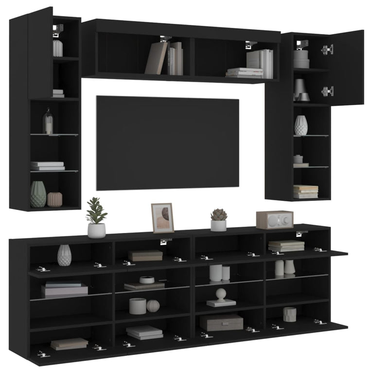 6-delige Tv-wandmeubelset met LED-verlichting zwart