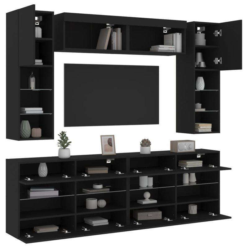 6-delige Tv-wandmeubelset met LED-verlichting zwart