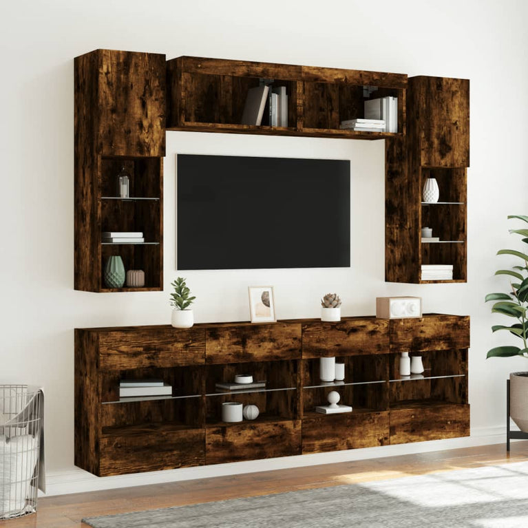 6-delige Tv-wandmeubelset met LED-verlichting gerookt eiken