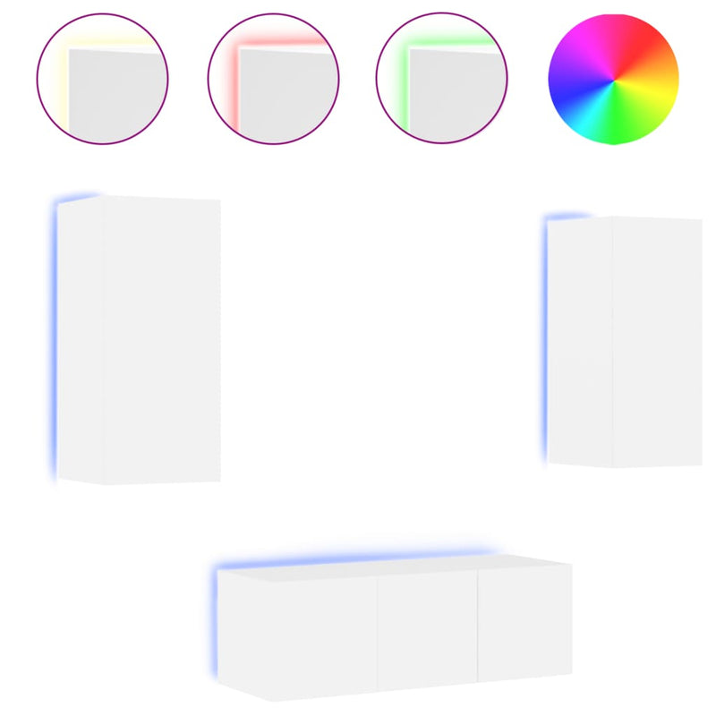 4-delige Tv-wandmeubelset met LED-verlichting bewerkt hout wit