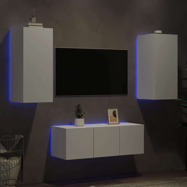 4-delige Tv-wandmeubelset met LED-verlichting bewerkt hout wit