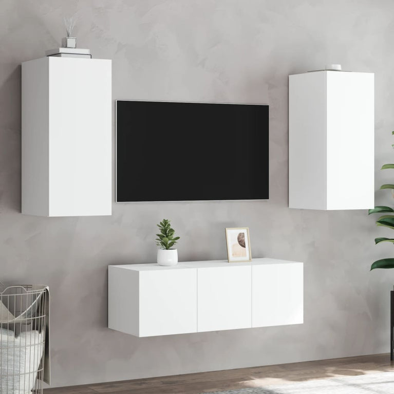 4-delige Tv-wandmeubelset met LED-verlichting bewerkt hout wit
