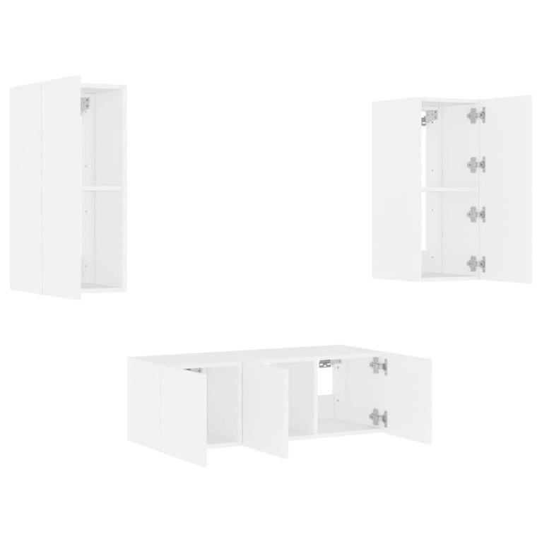 4-delige Tv-wandmeubelset met LED-verlichting bewerkt hout wit