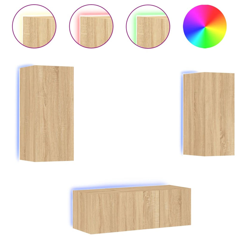 4-delige Tv-wandmeubelset met LED bewerkt hout sonoma eiken
