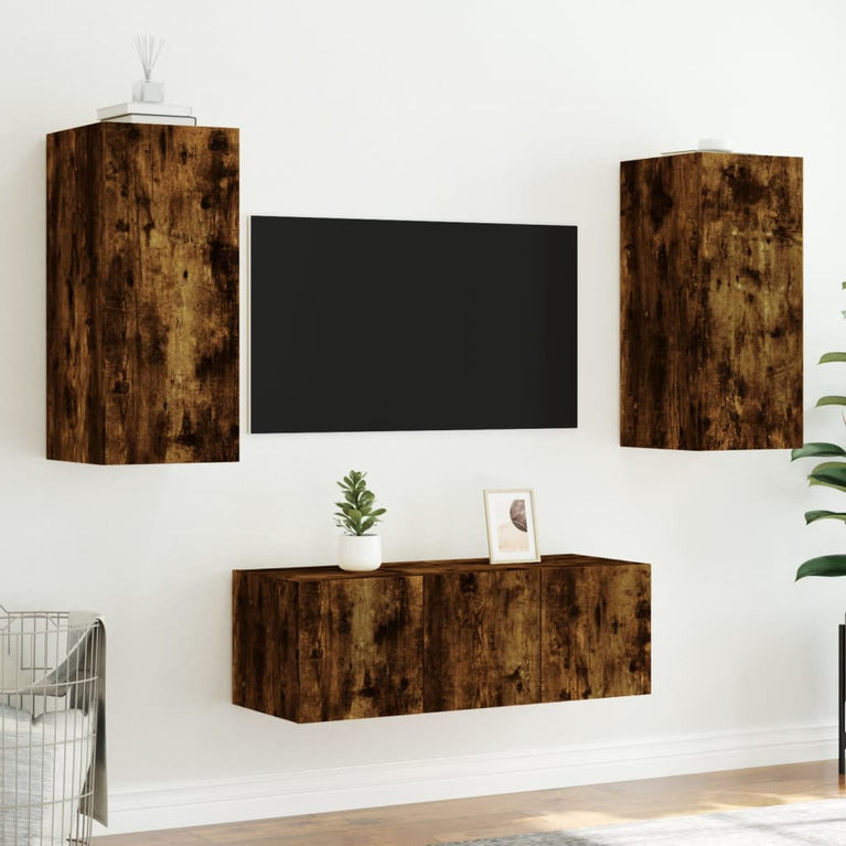 8-delige tv-wandmeubelset met LED bewerkt hout gerookt eiken