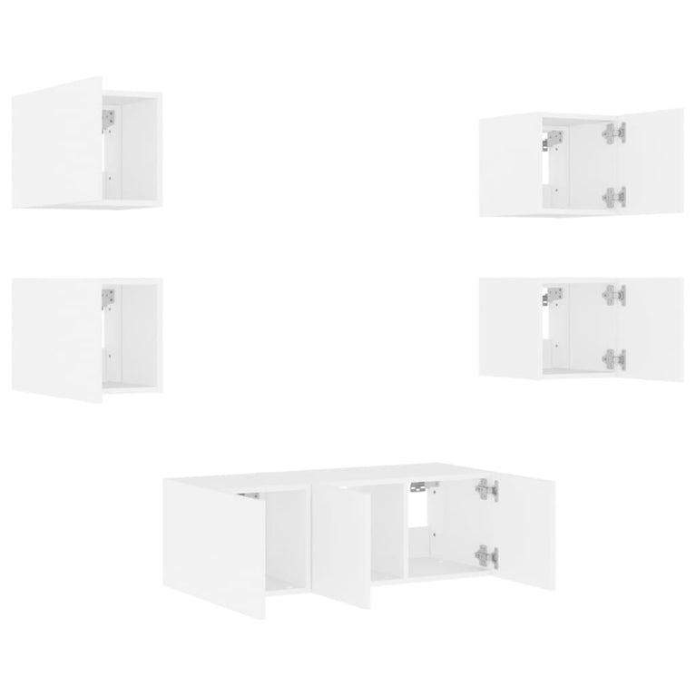 6-delige Tv-wandmeubelset met LED-verlichting bewerkt hout wit