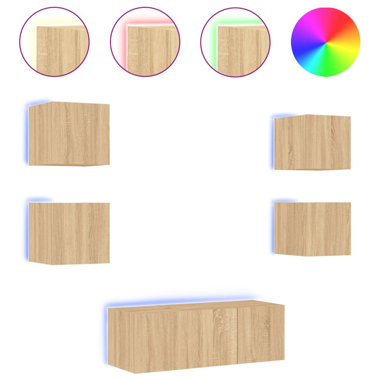6-delige Tv-wandmeubelset met LED bewerkt hout sonoma eiken