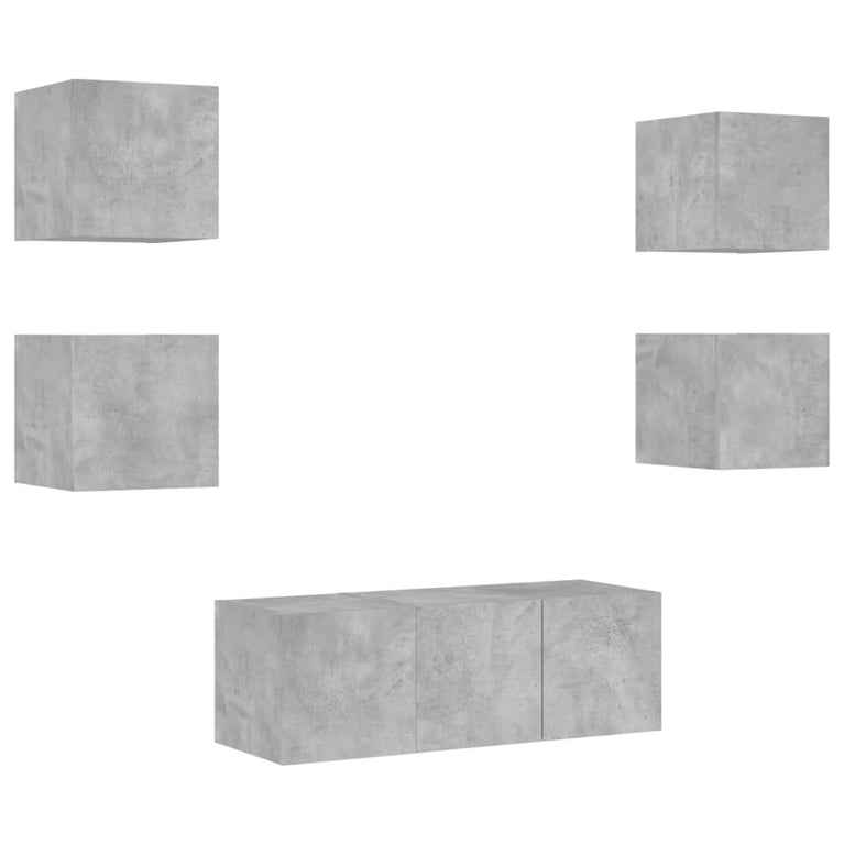 6-delige Tv-wandmeubelset met LED bewerkt hout betongrijs