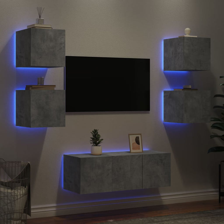6-delige Tv-wandmeubelset met LED bewerkt hout betongrijs