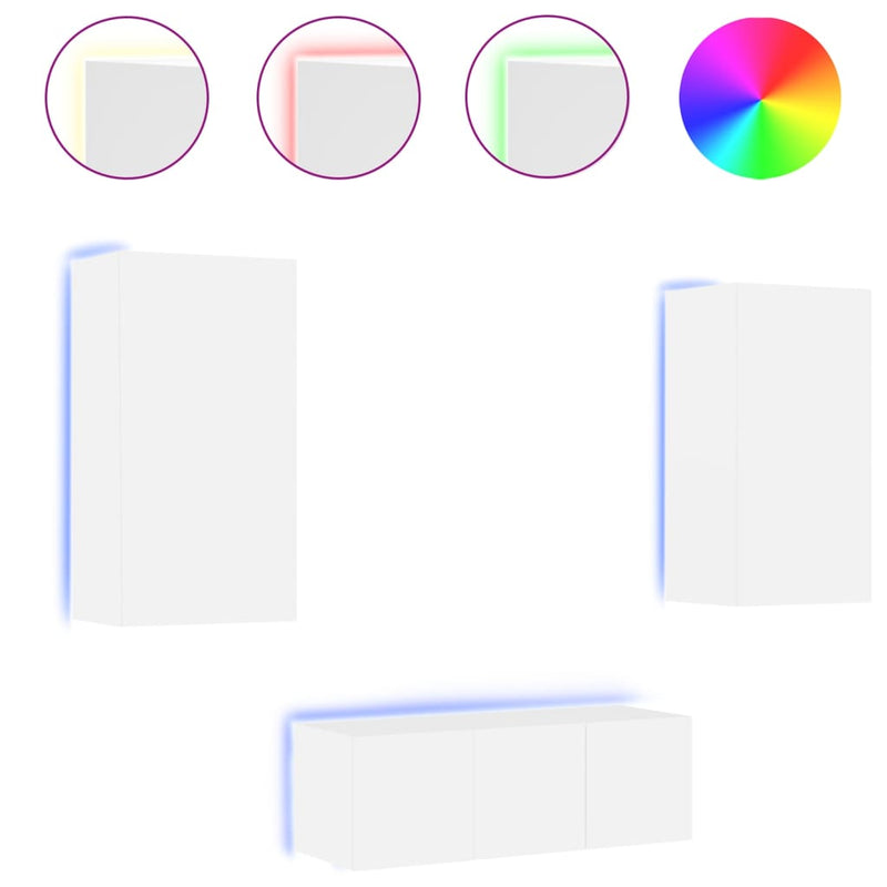4-delige Tv-wandmeubelset met LED-verlichting bewerkt hout wit