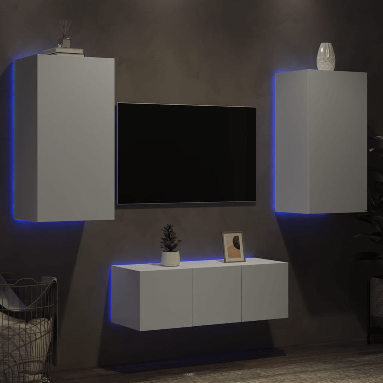 4-delige Tv-wandmeubelset met LED-verlichting bewerkt hout wit