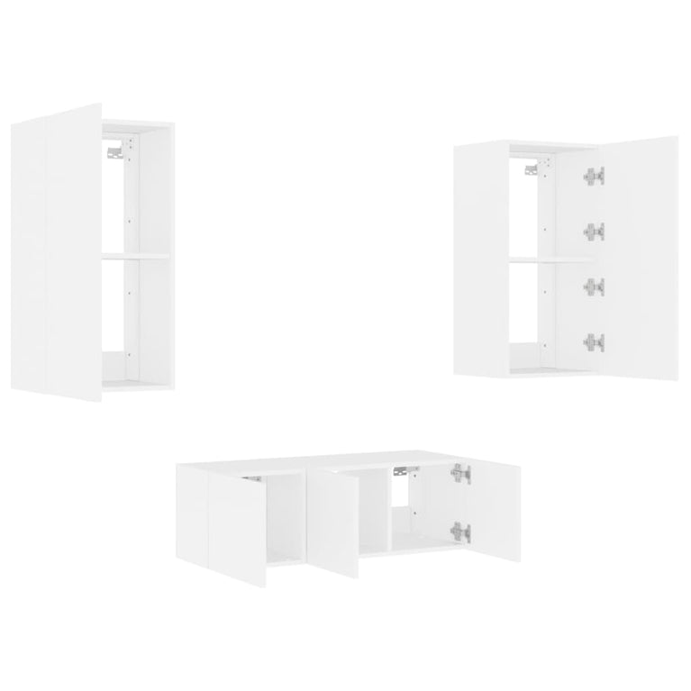 4-delige Tv-wandmeubelset met LED-verlichting bewerkt hout wit