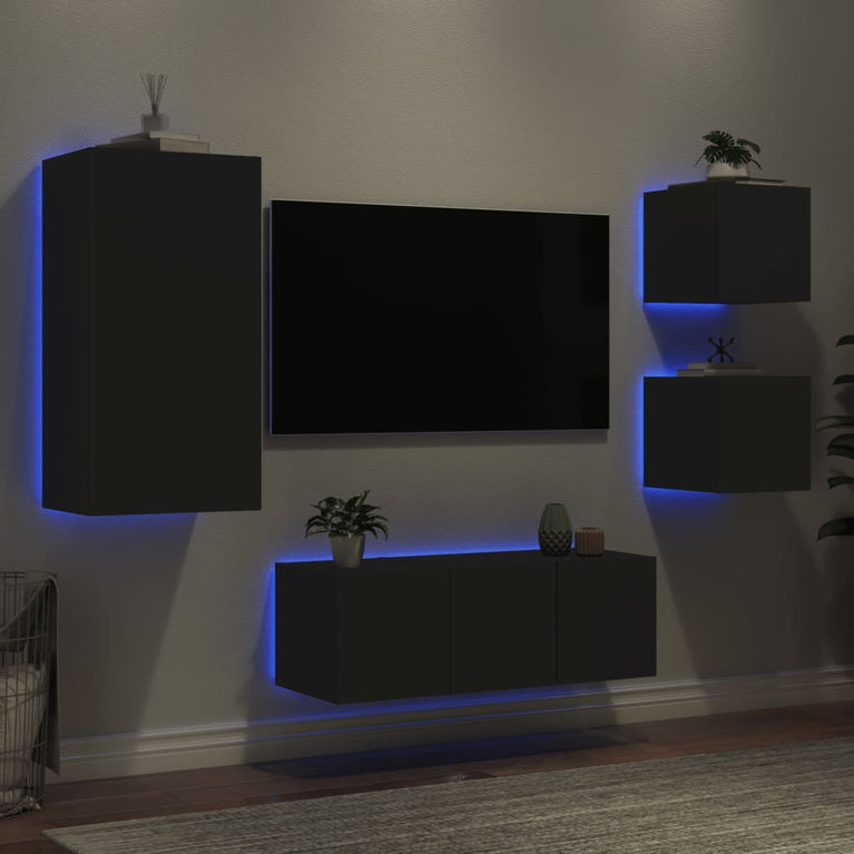 5-delige Tv-wandmeubelset met LED bewerkt hout zwart