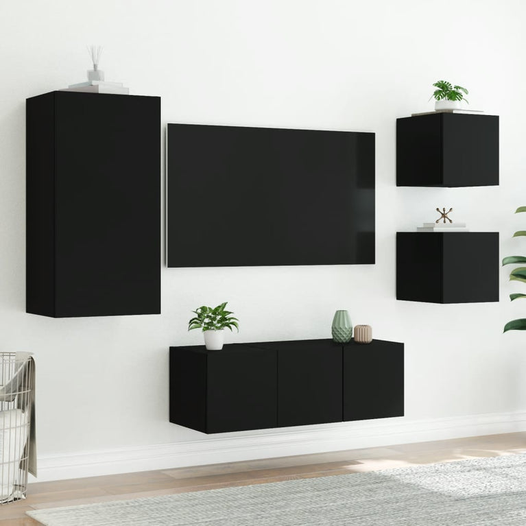 5-delige Tv-wandmeubelset met LED bewerkt hout zwart