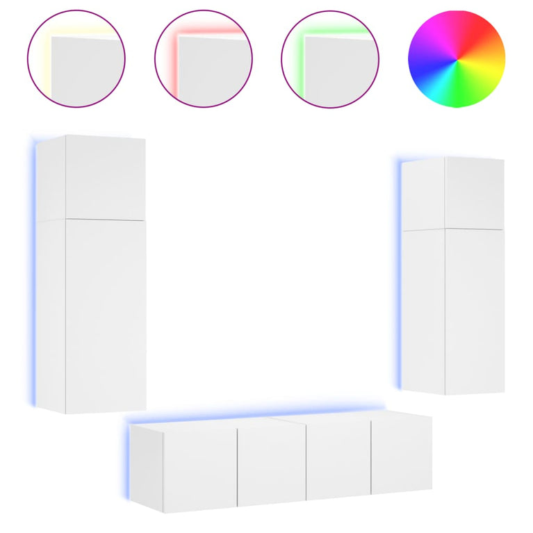 6-delige Tv-wandmeubelset met LED-verlichting bewerkt hout wit
