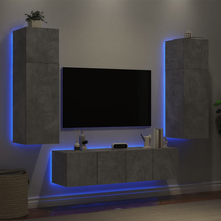 6-delige Tv-wandmeubelset met LED bewerkt hout betongrijs