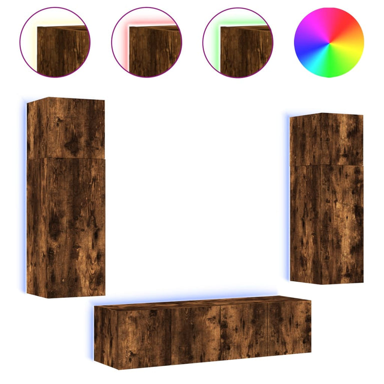6-delige tv-wandmeubelset met LED bewerkt hout gerookt eiken