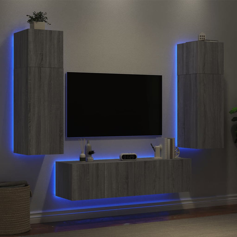 6-delige Tv-wandmeubelset met LED grijs sonoma eikenkleurig