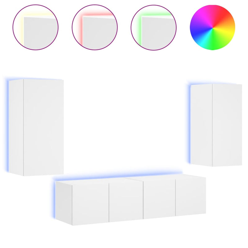 4-delige Tv-wandmeubelset met LED-verlichting bewerkt hout wit
