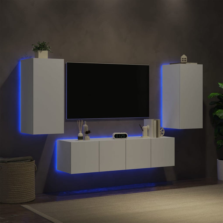4-delige Tv-wandmeubelset met LED-verlichting bewerkt hout wit