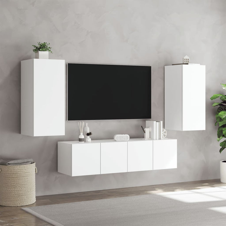 4-delige Tv-wandmeubelset met LED-verlichting bewerkt hout wit