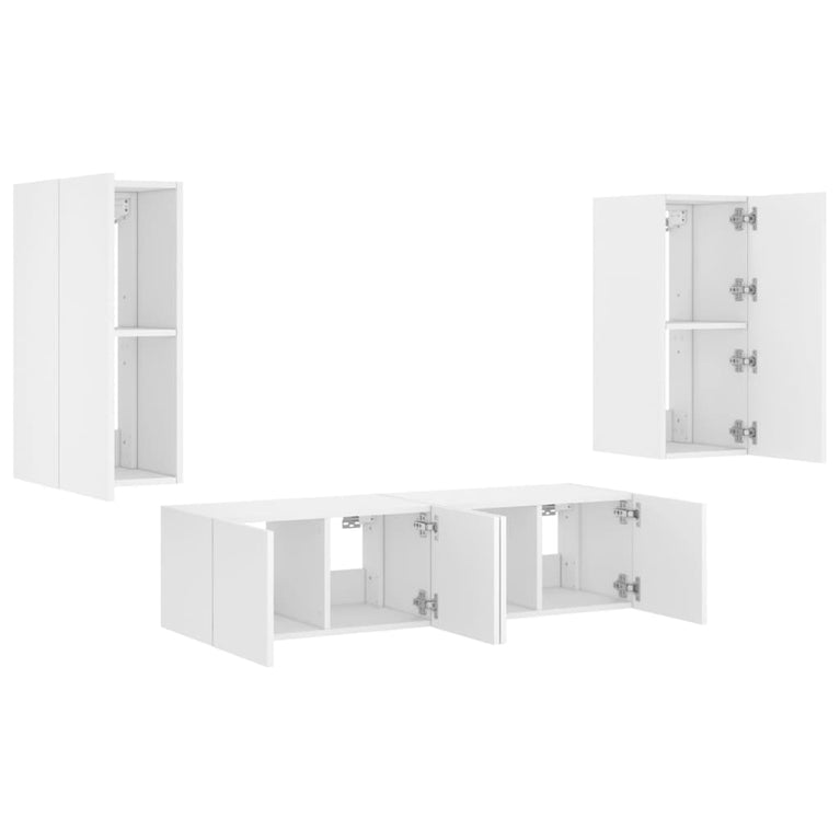 4-delige Tv-wandmeubelset met LED-verlichting bewerkt hout wit