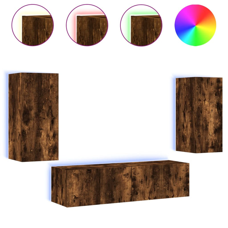 8-delige tv-wandmeubelset met LED bewerkt hout gerookt eiken