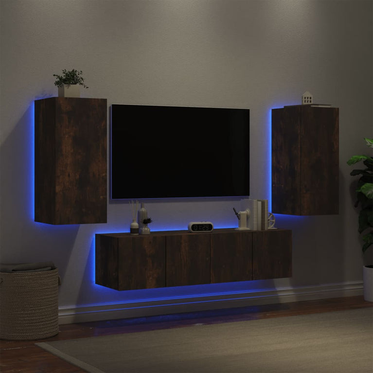 8-delige tv-wandmeubelset met LED bewerkt hout gerookt eiken