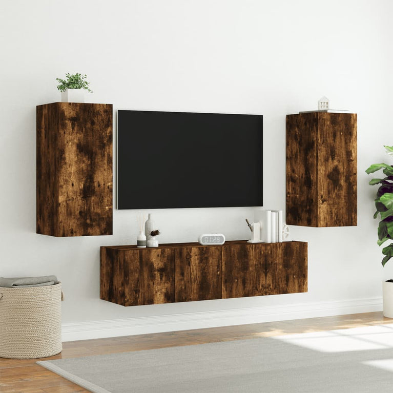 8-delige tv-wandmeubelset met LED bewerkt hout gerookt eiken