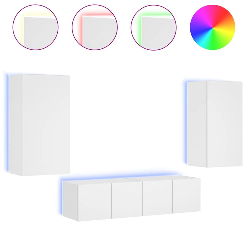 4-delige Tv-wandmeubelset met LED-verlichting bewerkt hout wit