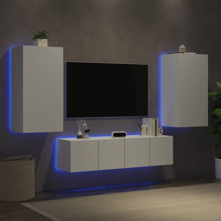 4-delige Tv-wandmeubelset met LED-verlichting bewerkt hout wit