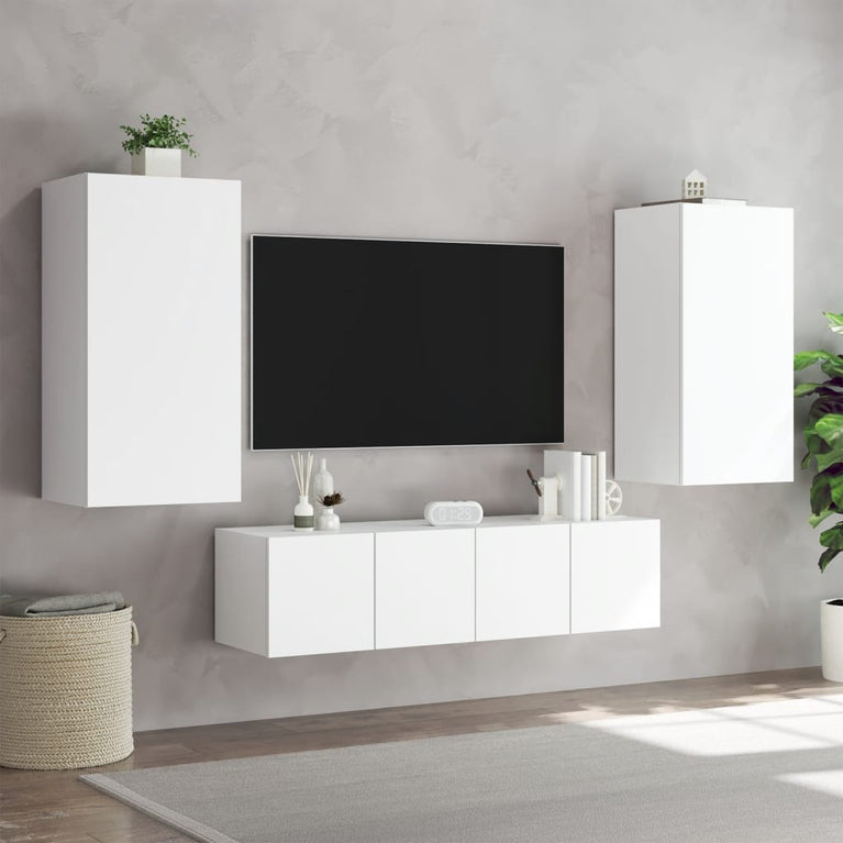 4-delige Tv-wandmeubelset met LED-verlichting bewerkt hout wit