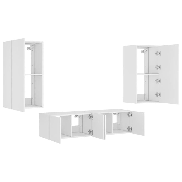 4-delige Tv-wandmeubelset met LED-verlichting bewerkt hout wit